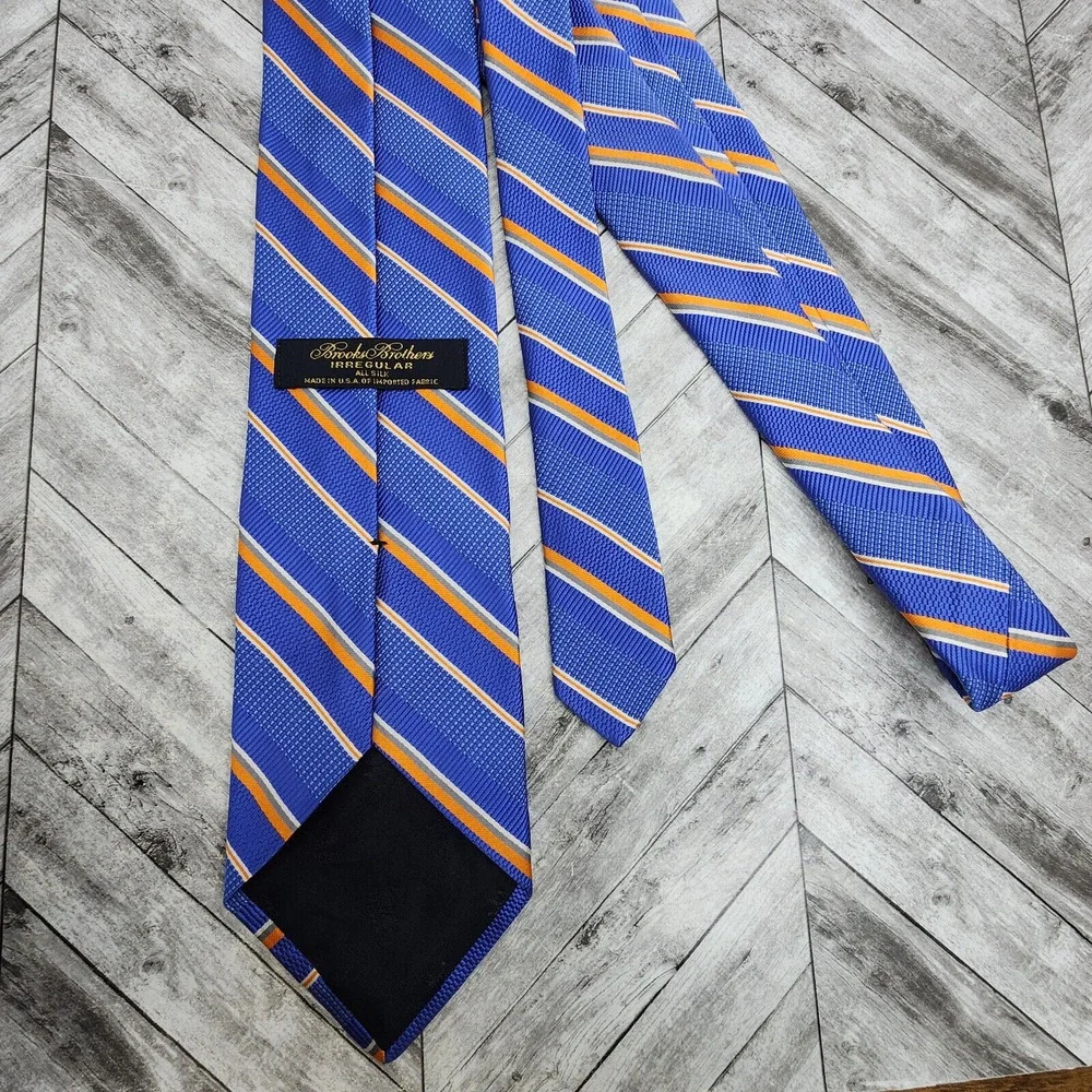 Brooks Brothers Irregular Silk Necktie Blue Orange‎ Striped Woven Men's Tie USA